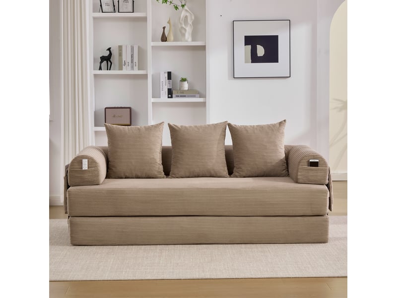 Canapé modulaire 3 places à configuration libre avec poche latérale et 3 coussins, en velours côtelé kaki - Conforama E