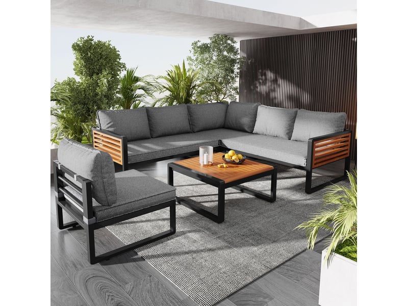  Canapé salon modulable extérieur 5 places métal polyester gris avec table basse homvra  - Conforama B