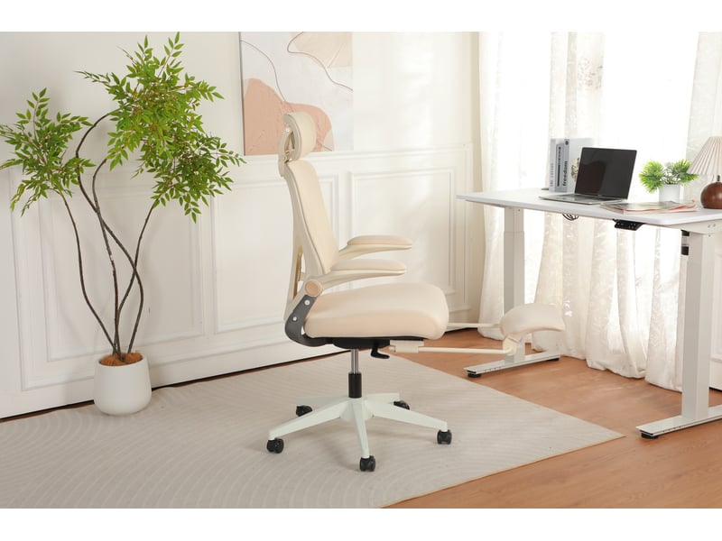  Chaise de bureau ergonomique avec appuie-tête 3d et accoudoirs rabattables, en mousse crème, 62 × 48,5 × 129 cm  - Conforama C