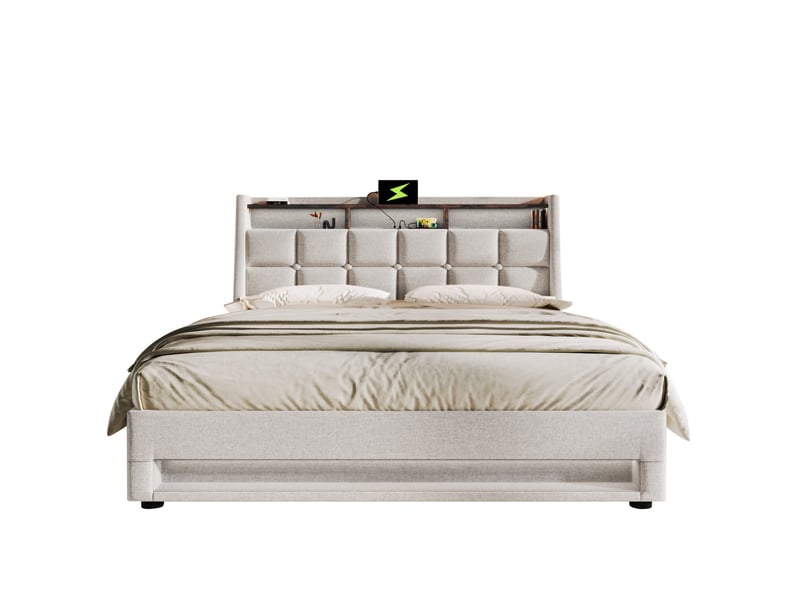  Modenvie lit coffre 180x200 cm - avec led, ports usb et rangement, sans matelas - beige  - Conforama A