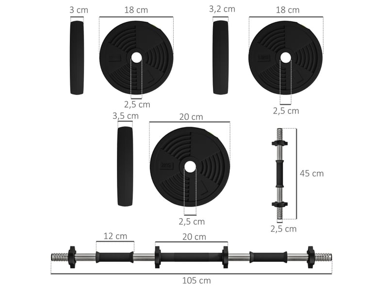  Set d'haltères et barre 2-en-1 20 kg – noir – réglable, antidérapant, protection des sols pour fitness  - Conforama C