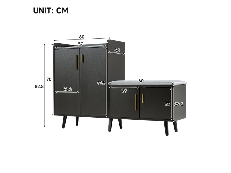  Banc à chaussures 120 cm avec 4 portes et assise rembourrée, noir et noyer foncé  - Conforama E