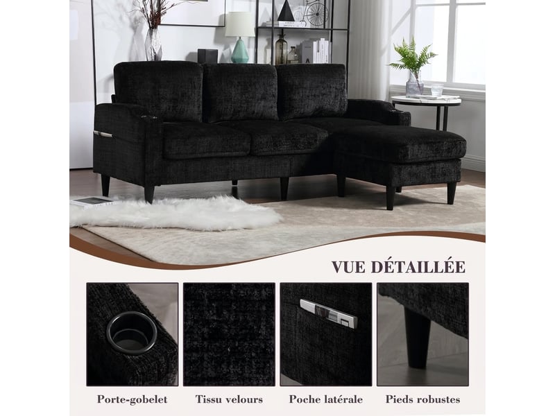  Canapé 4 places avec pouf - chenille noire - porte-gobelets et poches latérales  - Conforama E