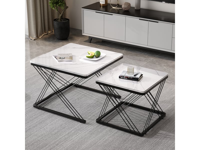  Lot de 2 tables basses carrées effet marbre brillant - pieds réglables en hauteur - charge 30 kg  - Conforama B