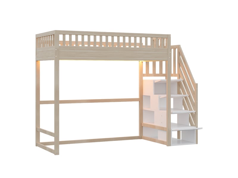 Lit mezzanine enfant 90x200 cm avec escalier rangement et led, lit simple en bois, naturel, sans matelas - Conforama D