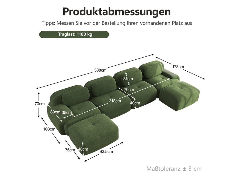  Canapé modulable en u 388x178x70 cm, prêt à installer, 4 places, velours côtelé, vert  - Conforama C