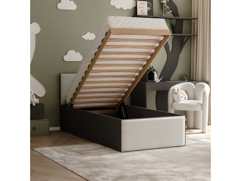 Lit coffre sashi - 90x200 cm - avec matelas - tissu velours - noir beige clair SASHI - Conforama C
