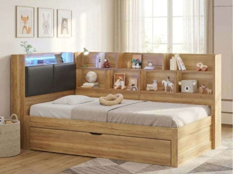 Lit enfant, 90×200 cm, rangement, led + usb, lit gigogne 90×190 cm, forme en l, étagères, bois, naturel - Conforama B