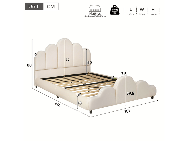  Lit enfant capitonné 140x200 cm, tête de lit rembourrée, coins arrondis, velours, beige  - Conforama C