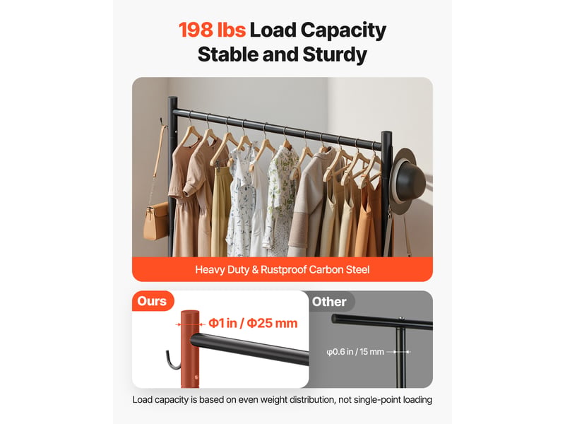  Vevor portant a vetements avec roulettes, porte-manteau robuste en acier carbone avec barre de suspension et crochets lateraux, charge de 90 kg, penderie a vetements pour chambre, buanderie, salon  - Conforama D