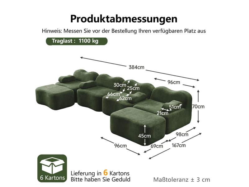  Canapé modulable 4 places panoramique en velours vert avec rangement intégré et coussins mobiles pour salon moderne  - Conforama C