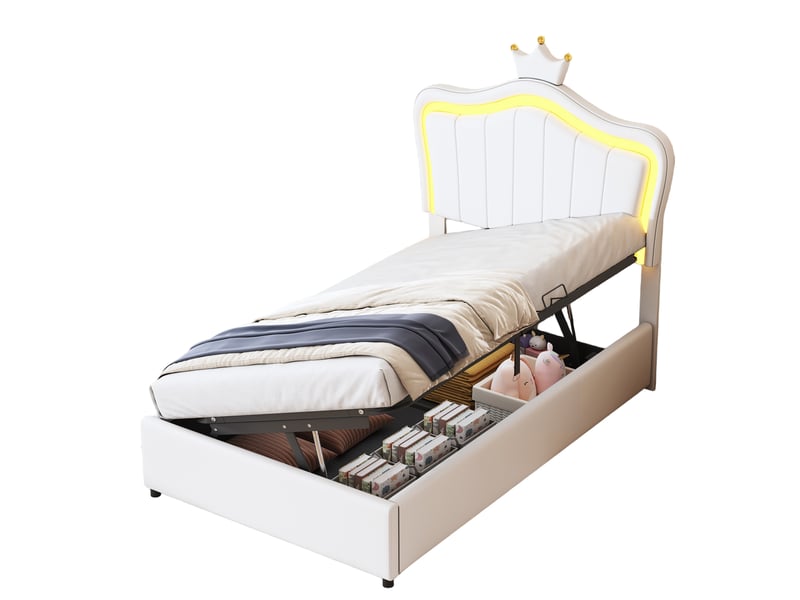 Lit coffre 90x200 cm - lit simple enfant avec led et couronne intégrée - structure similicuir et mdf - sans matelas - blanc - Conforama A