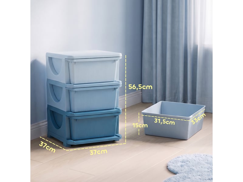 Boîte de rangement pour enfants, 3 tiroirs, bords arrondis, motif en relief, 37 x 37 x 56,5 cm, bleue - Conforama D