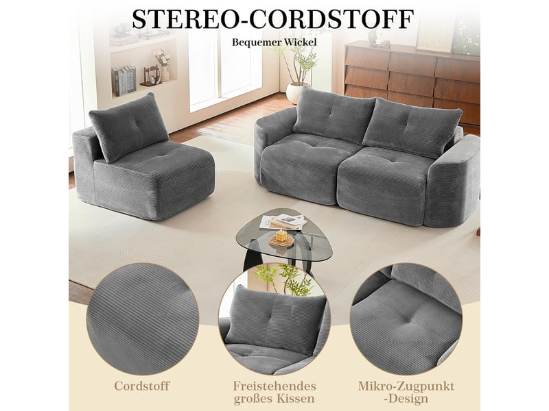 Canapé modulaire 3 places en tissu cordon style wabi-sabi, anthracite, configuration 2+1 avec siège individuel amovible, design côtelé et arrondi - Conforama D