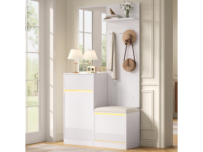  Vestiaire d'entrée compact avec meuble à chaussures, banc, miroir, éclairage led, blanc  - Conforama B
