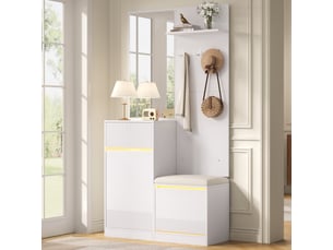 Vestiaire d'entrée compact avec meuble à chaussures, banc, miroir, éclairage led, blanc