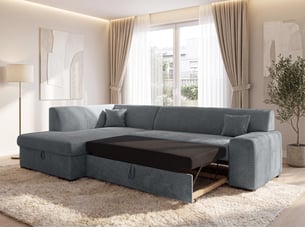 Canapé d'angle gauche convertible <strong>AX LIVING </strong> <strong>Lucera</strong> 5 places Velours côtelé gris avec coffre de rangement