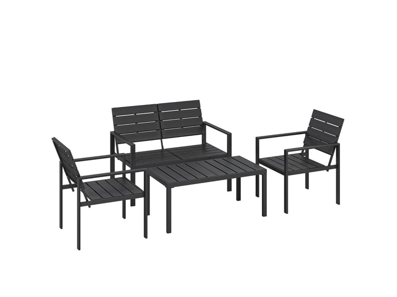  Salon de jardin 4 places 104x71 cm – noir – canapé 2 places, 2 fauteuils, table basse à lattes hdpe  - Conforama A