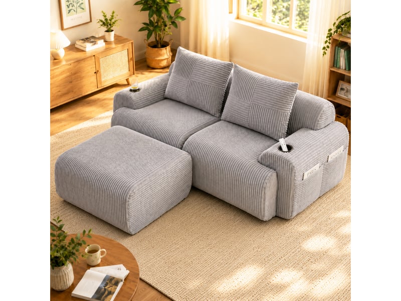 Canapé d'angle modulable 2 places, 200x174x80 cm, composition libre avec poufs, porte-gobelet et poche latérale, velours côtelé gris clair - Conforama B