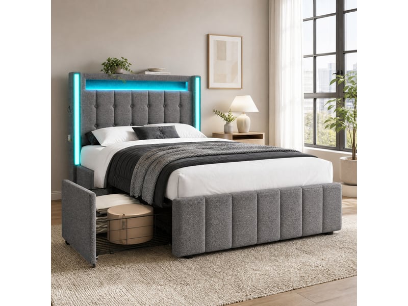 Lit avec tiroirs, lit simple 90x200 cm en lin avec usb, type-c et led, 2 tiroirs, sans matelas, gris - Conforama C