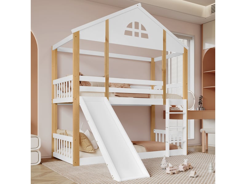  Lit cabane blanc et naturel 90x200 cm en bois massif, toboggan et échelle réversibles, fenêtres et espace libre dessous  - Conforama B