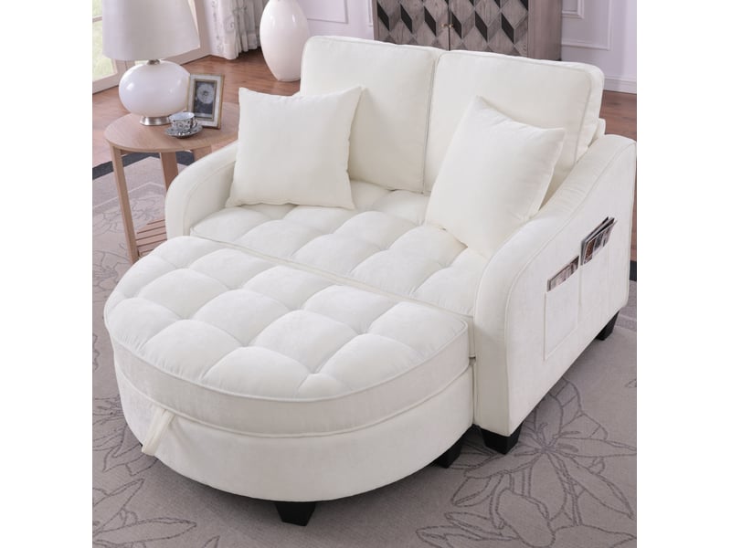  Canapé 1 place convertible 2-en-1 139,5x129,5x93 cm, pouf de rangement intégré, cadre en eucalyptus, chenille beige  - Conforama B