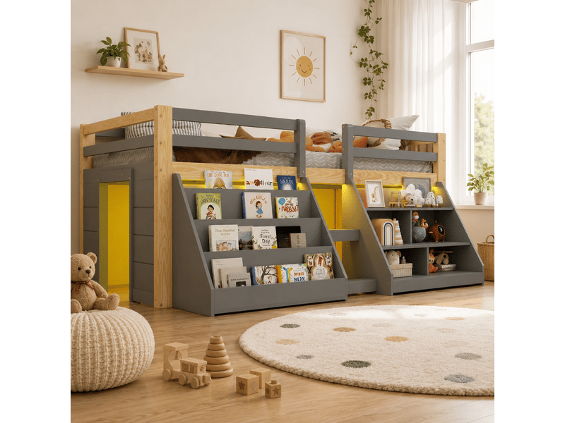  Lit enfant mi-hauteur 90 x 200 cm avec étagères, led intégrée, barrière de sécurité et échelle, pin, gris et naturel Bliss Lite - Conforama E