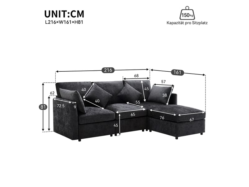 Canapé d'angle ulevr modulable en chenille gris 216 x 161 cm avec pouf mobile et 4 coussins, 3 à 4 places - Conforama C