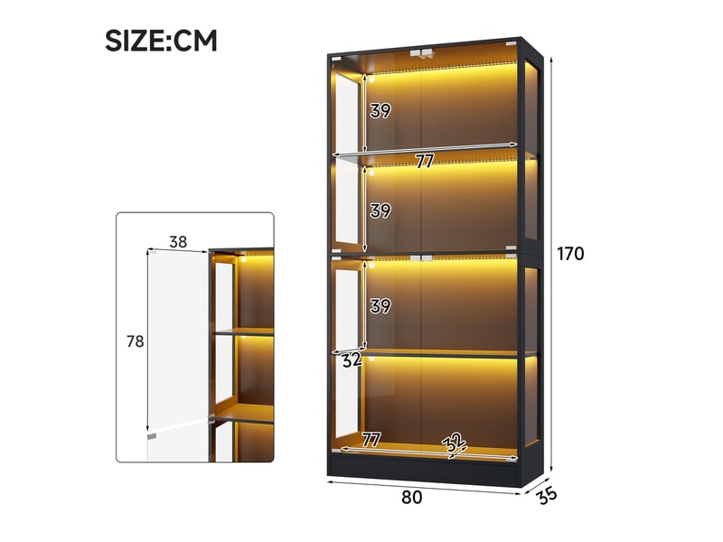  Vitrine led pour figurines, 4 niveaux, 80 x 35 x 170 cm, mdf et verre trempé noir  - Conforama C