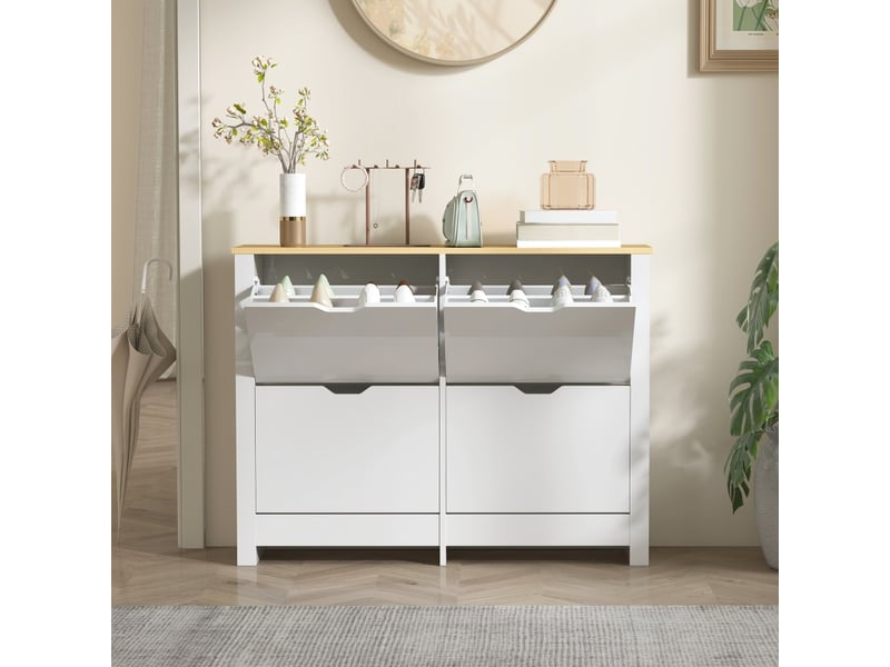  Meuble à chaussures étroit, avec 4 compartiments basculants et 8 étagères, pour entrée, bois, blanc, 105×26×80 cm  - Conforama C