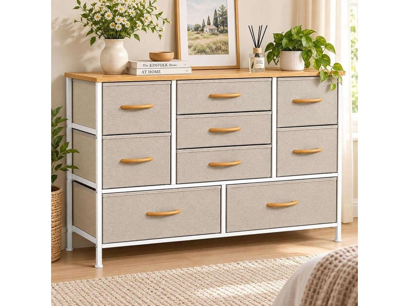 Chiffonnier neuf tiroirs tissu meuble de rangement 76 cm blanc beige moderne - Conforama B