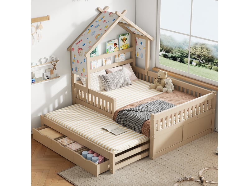  Lit plateforme enfant 140x200 cm avec lit gigogne et 3 tiroirs, lit avec barrières de sécurité, solution gain de place en bois, blanc OPULERANE TRADING LTD - Conforama B
