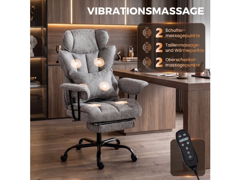  Chaise de bureau avec massage 6 points, chaleur lombaire, dossier inclinable à 140° et repose-pieds en simili cuir gris  - Conforama C