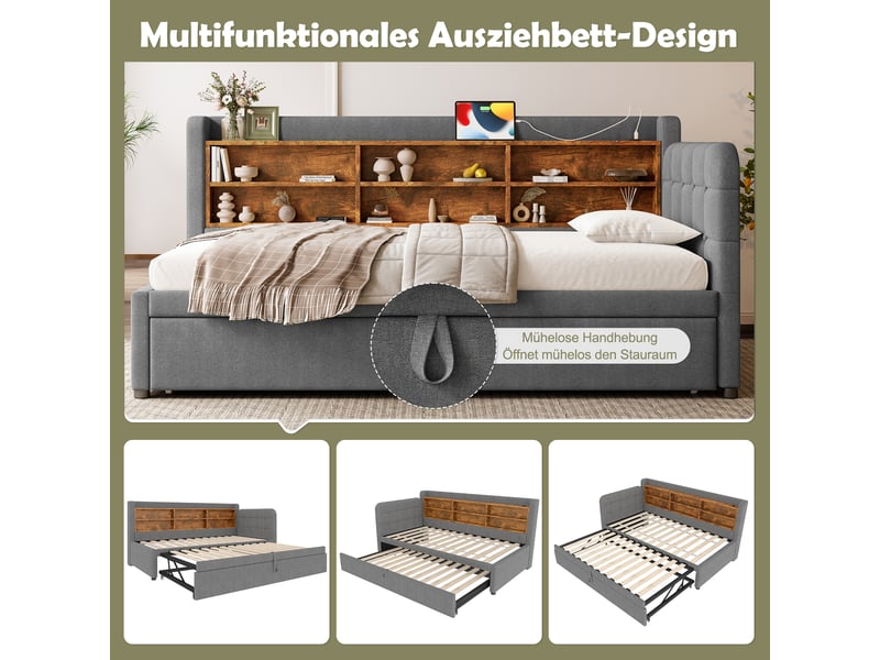  Lit banquette 90x200 extensible 180x200 avec ports usbtype c et rangements - lin gris  - Conforama E