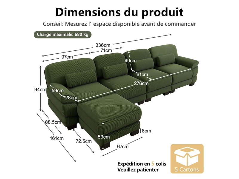 Canapé d’angle modulable 336 cm 4 places avec pouf, design carré épuré, base et accoudoirs à matelassage en canaux, velours côtelé, vert - Conforama D