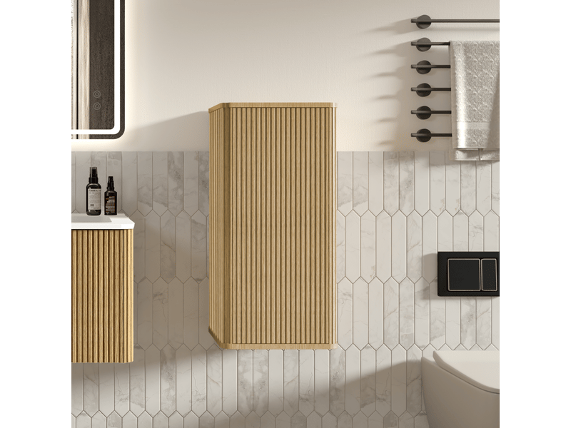 Armoire de salle de bain murale avec 1 porte et 2 étagères ouverture par pression design rainuré 36 × 29 × 75 cm - Conforama E