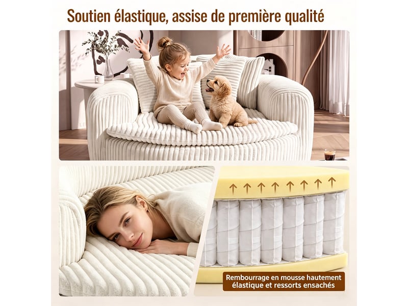  Pouf lounge côtelé en velours côtelé beige avec assise profonde et 5 coussins pour... IKSETERA TRADING LTD - Conforama E