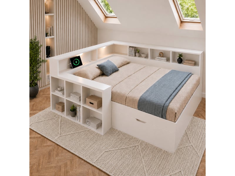  Lit double 140x190 avec rangement en bois blanc, ports usb type-c et liseuse intégrée, étagères et tiroirs  - Conforama B
