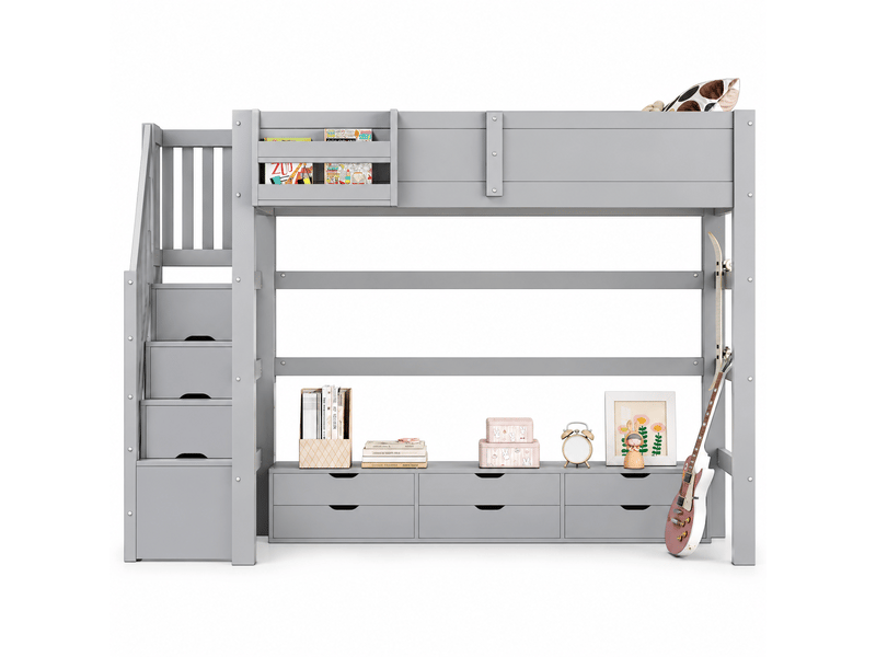  Lit mezzanine enfant 140x200 cm avec 6 tiroirs, escalier de rangement, grand espace sous le lit, garde-corps, structure en pin et mdf, gris  - Conforama A