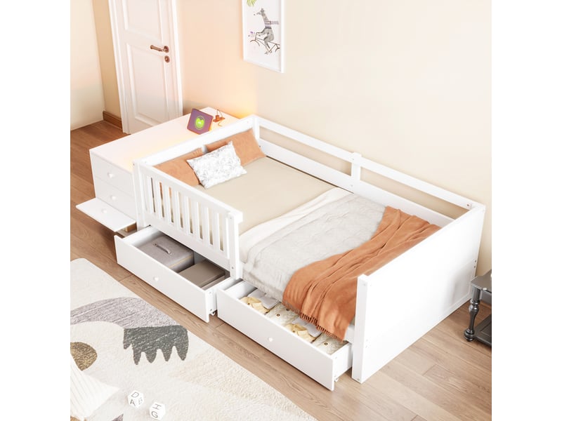  Lit enfant multifonctionnel 90x200 cm - lit simple avec rangement, 2 tiroirs, étagères, bureau, led et prise - blanc  - Conforama B
