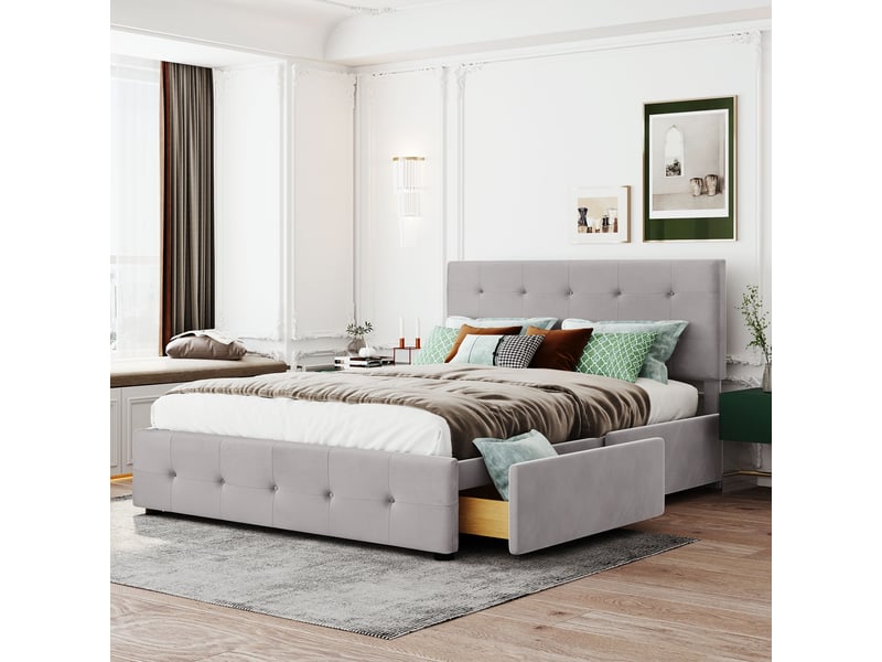  Lit capitonné 140 x 200 cm gris avec 4 tiroirs, sommier à lattes, tête rembourrée, sans matelas  - Conforama C