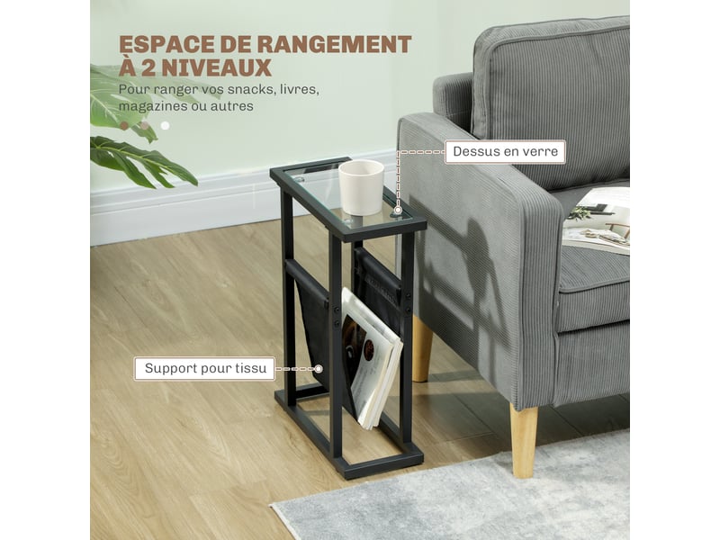  Table d'appoint étroite, bout de canapé en métal avec porte-revues et plateau en verre trempé, noir, 40 x 18 x 55,5 cm  - Conforama E