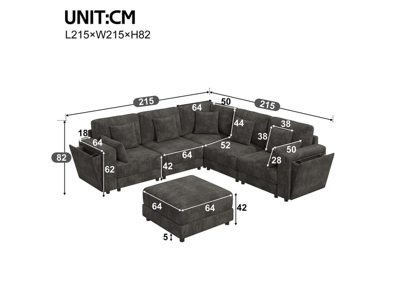  Canapé d'angle modulable 6 places en tissu chenille gris avec ports usb et c porte-gobelets et rangement 7 coussins  - Conforama C