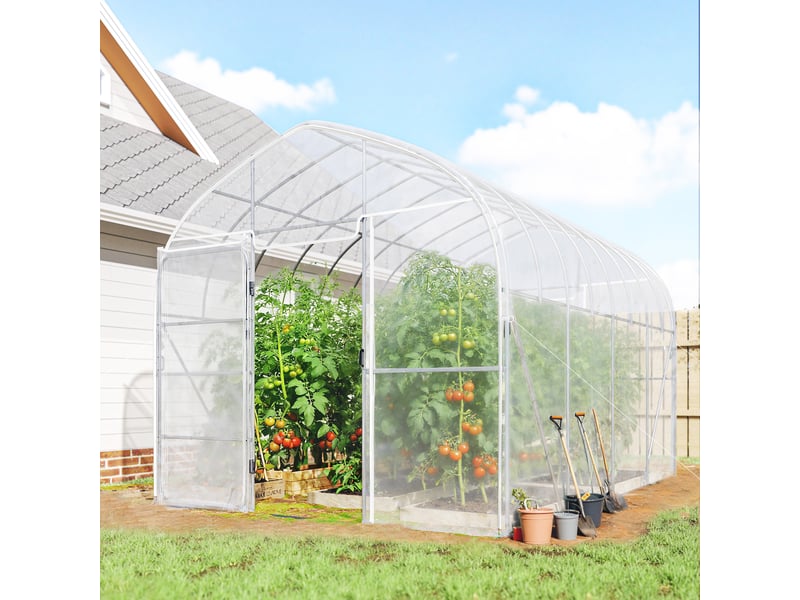  Serre tunnel de jardin 12m² film po anti-goutte acier galvanisé 25mm structure renforcée 2 portes battantes transparent  - Conforama C