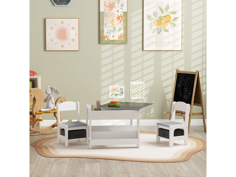  Ensemble table et 2 chaises pour enfants, table 3 en 1 avec tableau noir et rangement, gris  - Conforama C