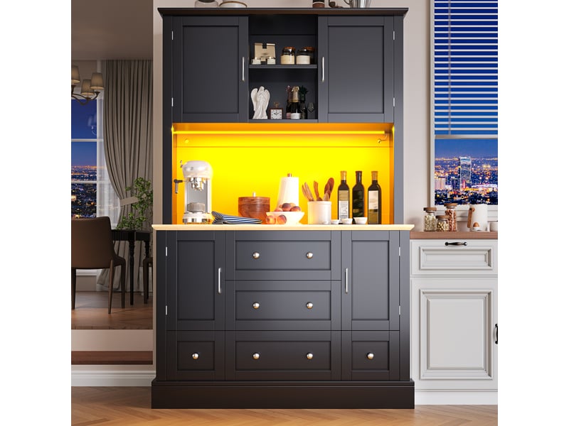  Buffet cuisine 4 portes et 5 tiroirs, 115 x 40 x 180 cm, éclairage led, étagères réglables et dispositif anti-basculement, mdf, noir Morn Vibe - Conforama D