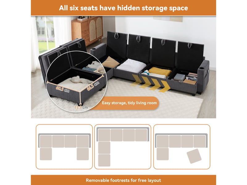 Canapé modulable 5-6 places 280x151x82 cm, configurable en l ou u, 6 coffres, 2 ports usb, 2 porte-gobelets, velours côtelé gris Radiant Stride - Conforama D