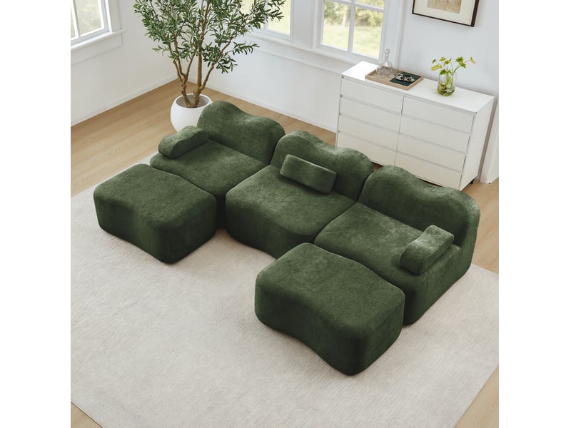 Canapé modulable en u ulevr 3 places avec 2 poufs, assise profonde, velours vert, 288 x 167 x 70 cm - Conforama D