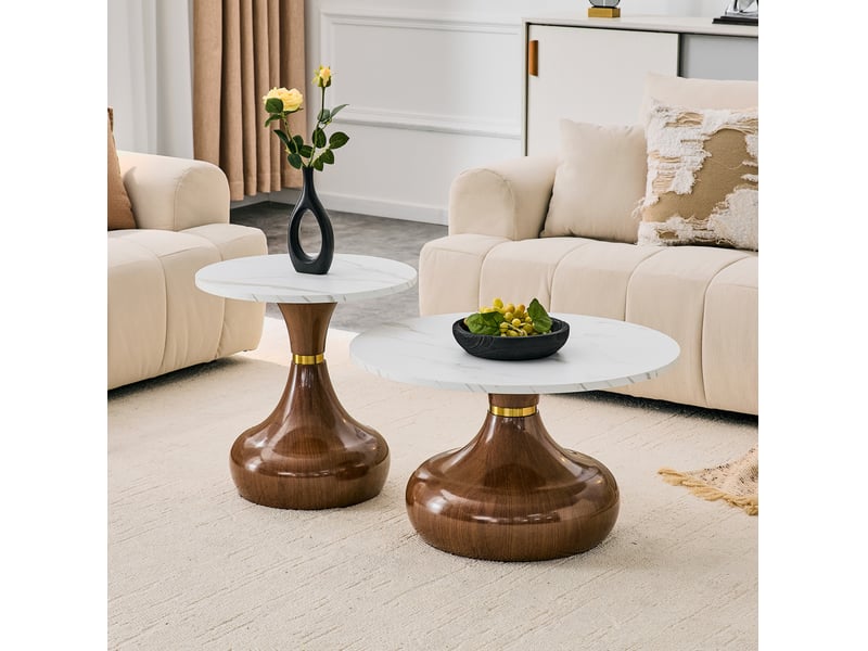  Lot de 2 tables basses rondes gigognes 70x42 cm et 50x51,5 cm design moderne métal blanc et noyer  - Conforama C