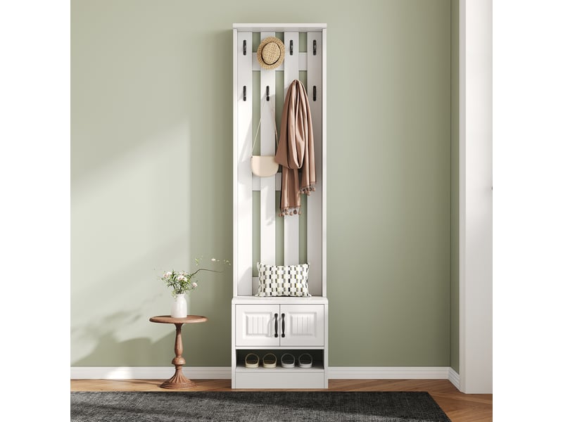  Vestiaire d’entrée blanc 50×36×190 cm en panneau de particules, banc de rangement, banc à chaussures, 2 portes  - Conforama E